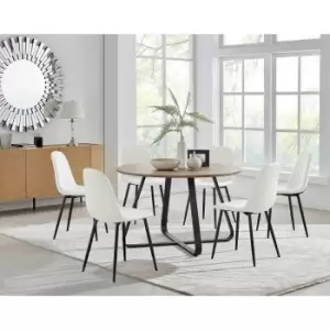 Furniture Box Santorini Brown Round Dining Table and 6 White Corona Black Leg Chairs