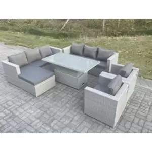 Fimous 8 Seater Outdoor Rattan Dining Sofa Complete Set with Adjustable Table and Big Footstool