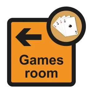 Assisted Living Sign Games Room arrow left - SA FMX 305 x 310mm