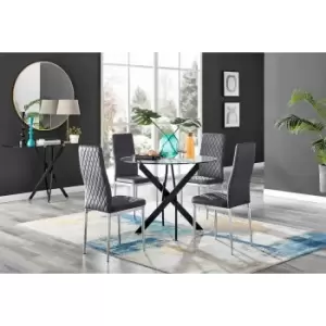 Furniture Box Novara Black Leg Round Glass Dining Table and 4 Grey Velvet Milan Chairs