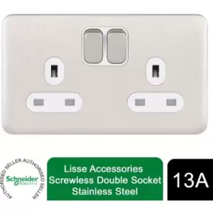 Schneider Electric Lisse Screwless Deco - Switched Double Power Socket, 13A, GGBL3020WSS, Stainless Steel with White Insert