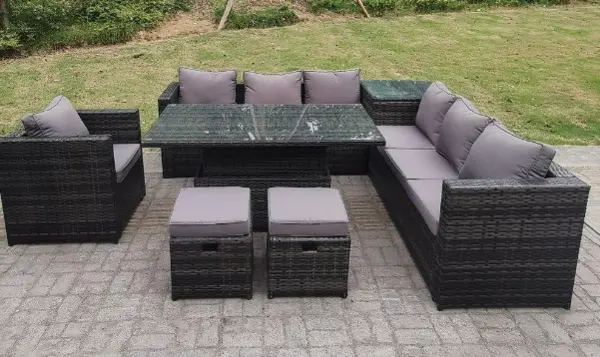 Fimous 7 Seater Outdoor Dark Grey PE Rattan Lounge Complete Sofa Set with Rising Dining Table, 2 Stools