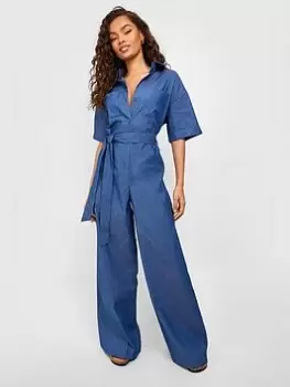 Boohoo Short Sleeve Denim Boiler Suit - Indigo, Blue, Size 16, Women