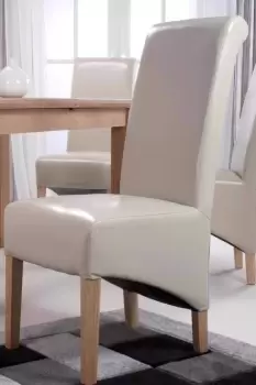 Pair Of Ivory Leather Assembled Dining Room Chairs With Solid Wooden Legs