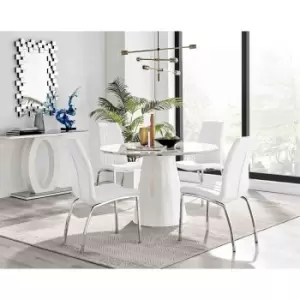 Furniture Box Palma White Marble Effect Round Dining Table and 4 White Isco Chairs