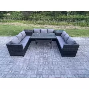 Fimous 9 Seater Outdoor Dark Grey Rattan Lounge Complete Sofa Set with Rectangular Dining Table and Side Tables