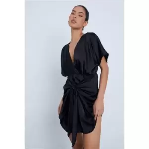 I Saw It First Black Satin Wrap Front Tea Dress - Black