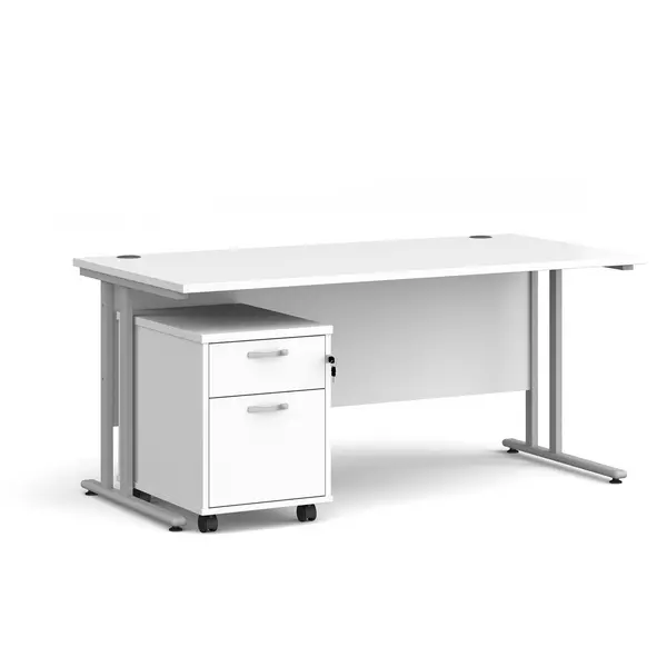 Maestro 25 Straight Desk with Silver Cantilever Frame and 2 Drawer Pedestal - White - 1600mm x 800mm