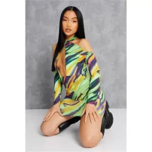 I Saw It First Green Petite Printed Wrap Over Halterneck Long Sleeve Mini Dress - Green