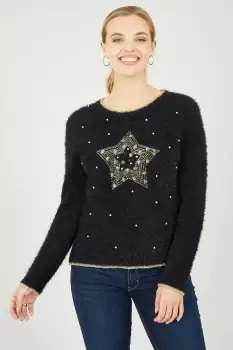 Black Fluffy Star Christmas Jumper