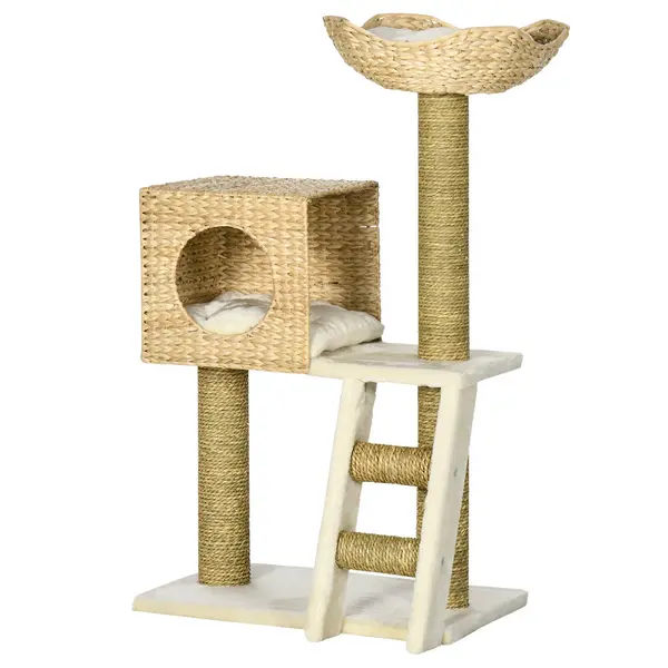 PawHut Cat Tree for Indoor Cats Kitten Tower Cattail Weave with Scratching Posts, Cat House, Bed, Ladder, Washable Cushions, Natural Finish