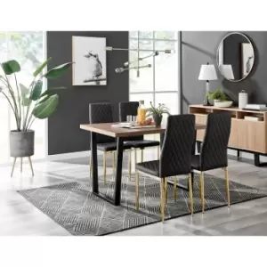 Kylo Brown Wood Effect Dining Table & 4 Black Milan Gold Leg Chairs - Black