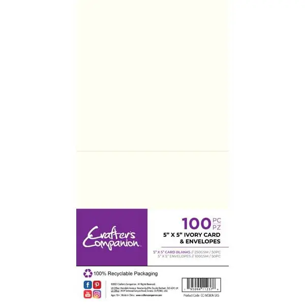 Crafter's Companion 5" x 5" Card Blanks & Envelopes Ivory 250 GSM Pack of 50