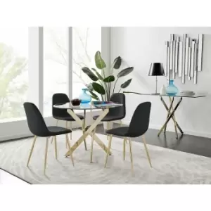 Furniturebox UK - Furniturebox Novara Gold Metal And Glass 100cm Round Dining Table And 4 Black Corona Faux Leather Dining Chairs with Gold Legs