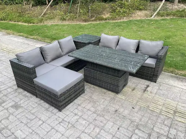 Fimous 6 Seater Outdoor Dark Grey Rattan Lounge Complete Sofa Set with Adjustable Lifting Dining Table and Big Footstool