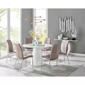 Furniture Box Palma White High Gloss Round Dining Table and 6 Cappuccino Isco Chairs