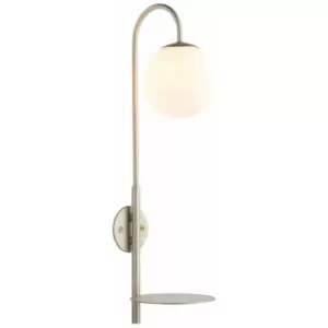 Loops - Satin Champagne Plug-In Wall Lamp Light Fitting & Shelf - Opal Glass Shade