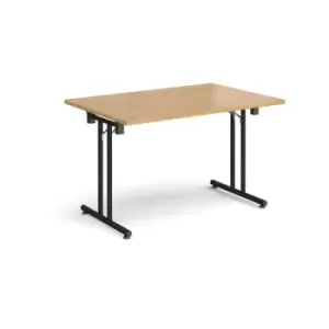 Rectangular folding leg table with Black legs and straight foot rails 1200mm x 800mm - oak