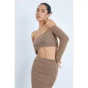 I Saw It First Mink Ribbed Off The Shoulder Sleeve Crop Top - Brown