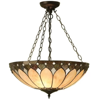 Interiors 1900 Lighting - Interiors Brooklyn - 3 Light Large Inverted Ceiling Pendant Dark Bronze, Tiffany glass, E27