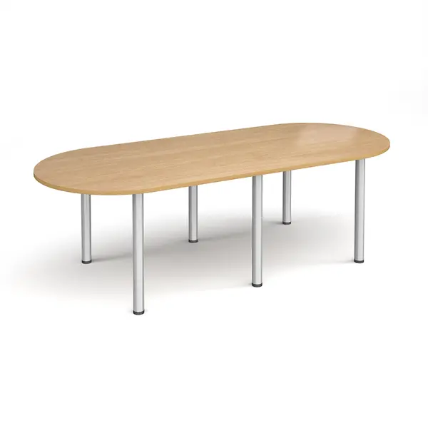 Radial End Meeting Table with 6 Silver Legs - 2400mm x 1000mm - Oak