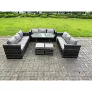 Fimous 9 Seater Outdoor Dark Grey Rattan Lounge Complete Sofa Set with Dining Table and 2 Stools