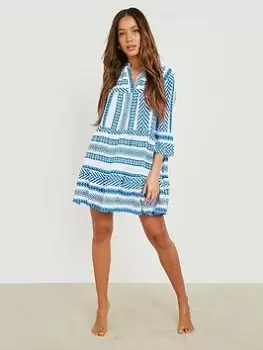 Boohoo Printed Tiered Shift Beach Kaftan - Blue Size M, Women