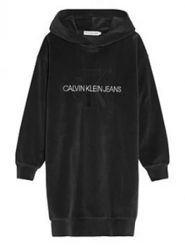 Calvin Klein Jeans Girls Velour Monogram Hoodie Dress - Black, Size 8 Years, Women