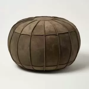 HOMESCAPES Brown Leather & Suede Round Pouffe Footstool - Brown