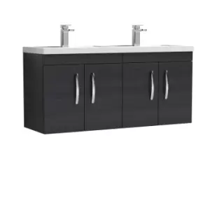 Nuie Athena 1200 Wall Hung 4-door Vanity & Polymarble Double Basin - Black Woodgrain