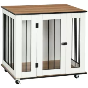 PawHut Dog Crate Furniture with Wheels, Dog Cage End Table for Medium Dogs, with Lockable Door, White, 80 x 60 x 76.5cm