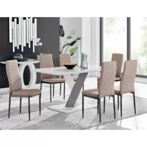 Furniture Box Monza 6 White/Grey Dining Table and 6 Cappuccino Milan Black Leg Chairs