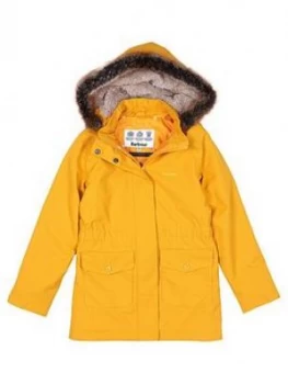 Barbour Girls Bournemouth Faux Fur Hooded Rain Coat - Ochre Size 8-9 Years, Women