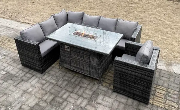 Fimous 7 Seater Outdoor Dark Grey Rattan Lounge Complete Sofa Set with Gas Fire Pit Table, and Gas Heater