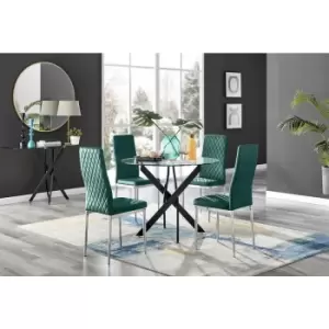 Furniturebox UK - Furniturebox Novara Black Leg 120cm Round Glass Dining Table & 4 Green Milan Velvet Dining Chairs Diamond Stitch Modern