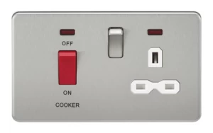 KnightsBridge 45A 2G DP 230V Screwless Brushed Chrome Switch With Neon and Socket - White Insert