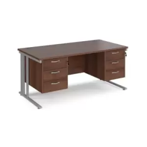 Office Desk Rectangular Desk 1600mm With Double Pedestal Walnut Top With Silver Frame 800mm Depth Maestro 25 MCM16P33SW