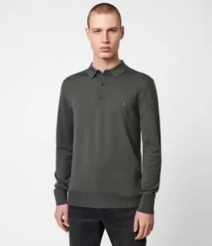 AllSaints Mens Mode Merino Long Sleeve Polo Shirt, Sacremento Green, Size: XXL