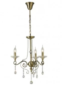 Ceiling Pendant Chandelier 3 Light Antique Brass, Crystal