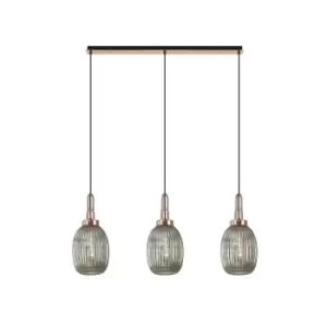 Yorktown Linear 3 Light Ceiling Pendant E27 With 20cm Almond Ribbed Glass, Smoked Copper, Matt Black