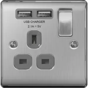 BG Nexus Metal Brushed Steel Single 1 Gang Plug Socket with 2 x USB Outlet Grey Insert 13A - NBS21U2G