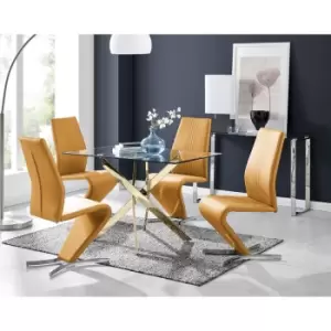 Furniturebox Leonardo 120cm Modern Glass And Gold Metal Leg Dining Table And 4 Mustard Yellow Willow Faux Leather Silver Chrome Feet Dining Chairs