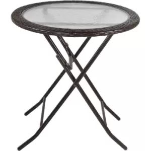 Folding Round Tempered Glass Metal Table with Brown Rattan Edging - Brown - Outsunny