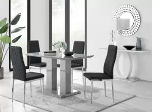 Imperia Grey High Gloss 4 Seater Dining Table with Structural 2 Plinth Column Legs 4 Soft Faux Leather Silver Leg Milan Chairs