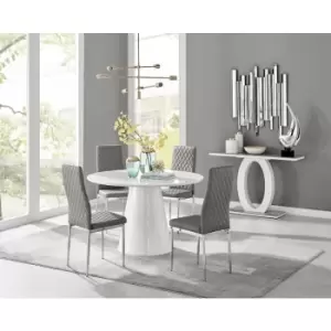 Furniturebox Palma White High Gloss 4 Seat Minimalist Post Modern Round Dining Table & 4 Grey Milan Chrome Leg Faux LFaux Leather Chairs