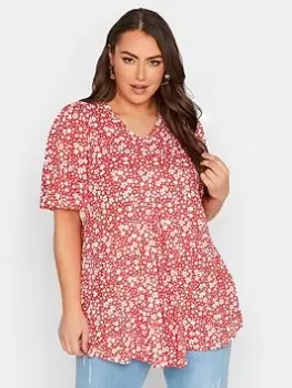 Yours Angel Sleeve Floral Pleat Swing Top - Red, Size 20, Women