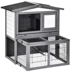 Pawhut Wooden 2 Main House Rabbit Hutch W/ Run & Open Roof - Grey