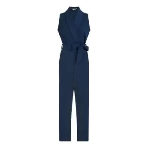 Yumi Navy Satin Wrap Front Jumpsuit - Blue