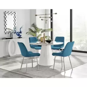 Furniturebox Palma White Marble Effect 120cm Round Minimalist Dining Table & 4 Blue Pesaro Silver Leg Velvet Chairs