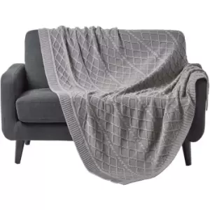 Grey Diamond Cable Knit Cotton Throw, 150 x 200cm - Grey - Homescapes